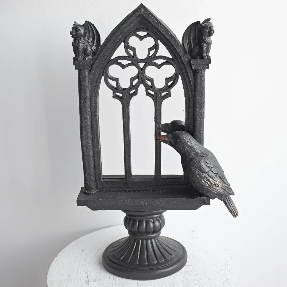 Gothic Black Resin Cathedral Window Mirror Bat Wings Cat Gargoyle Raven Decor
